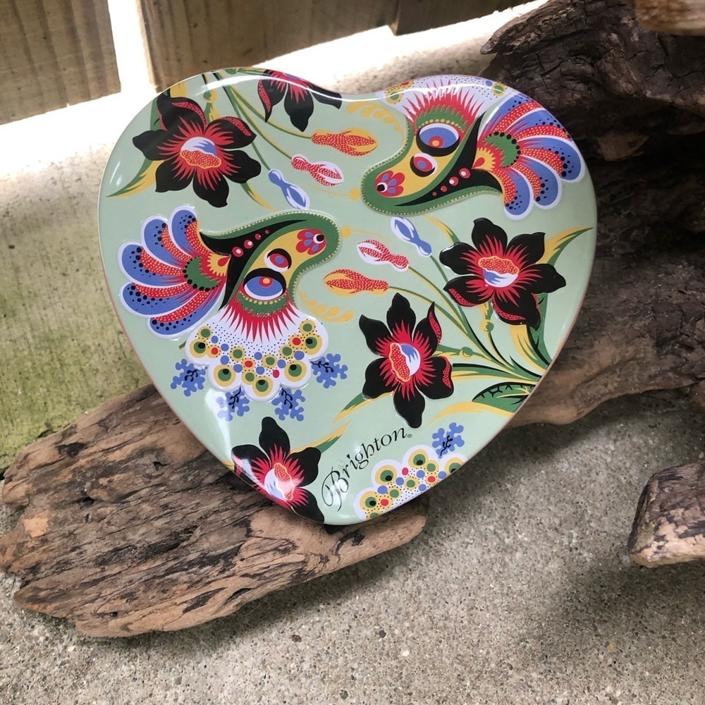 Brighton Minty Green & Yellow Floral Heart Shaped Collectible Jewelry Tin